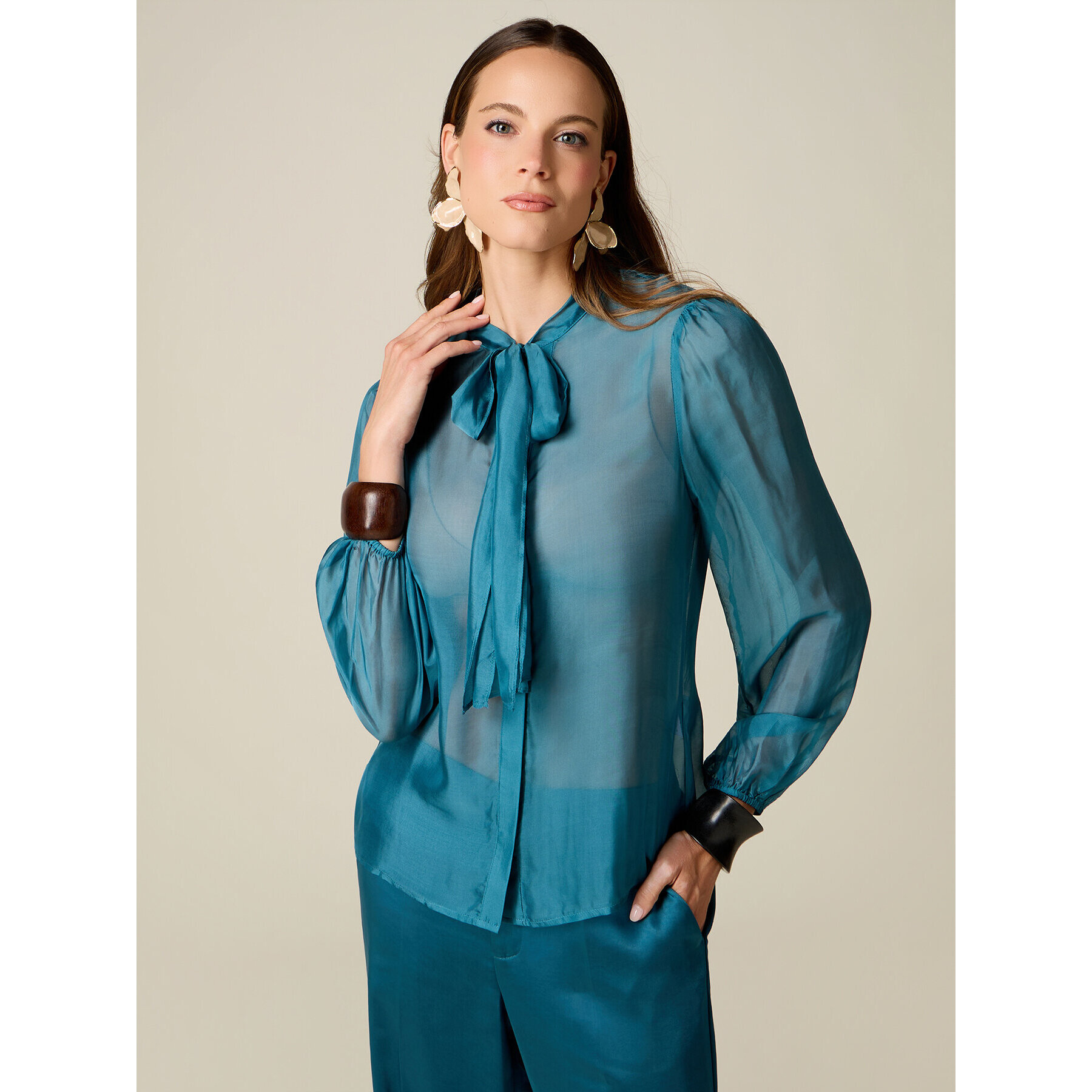 Oltre - Camicia in voile misto seta con fiocco - Ottanio
