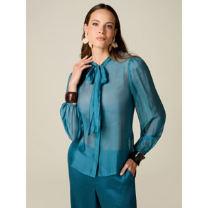 Oltre - Camicia in voile misto seta con fiocco - Ottanio