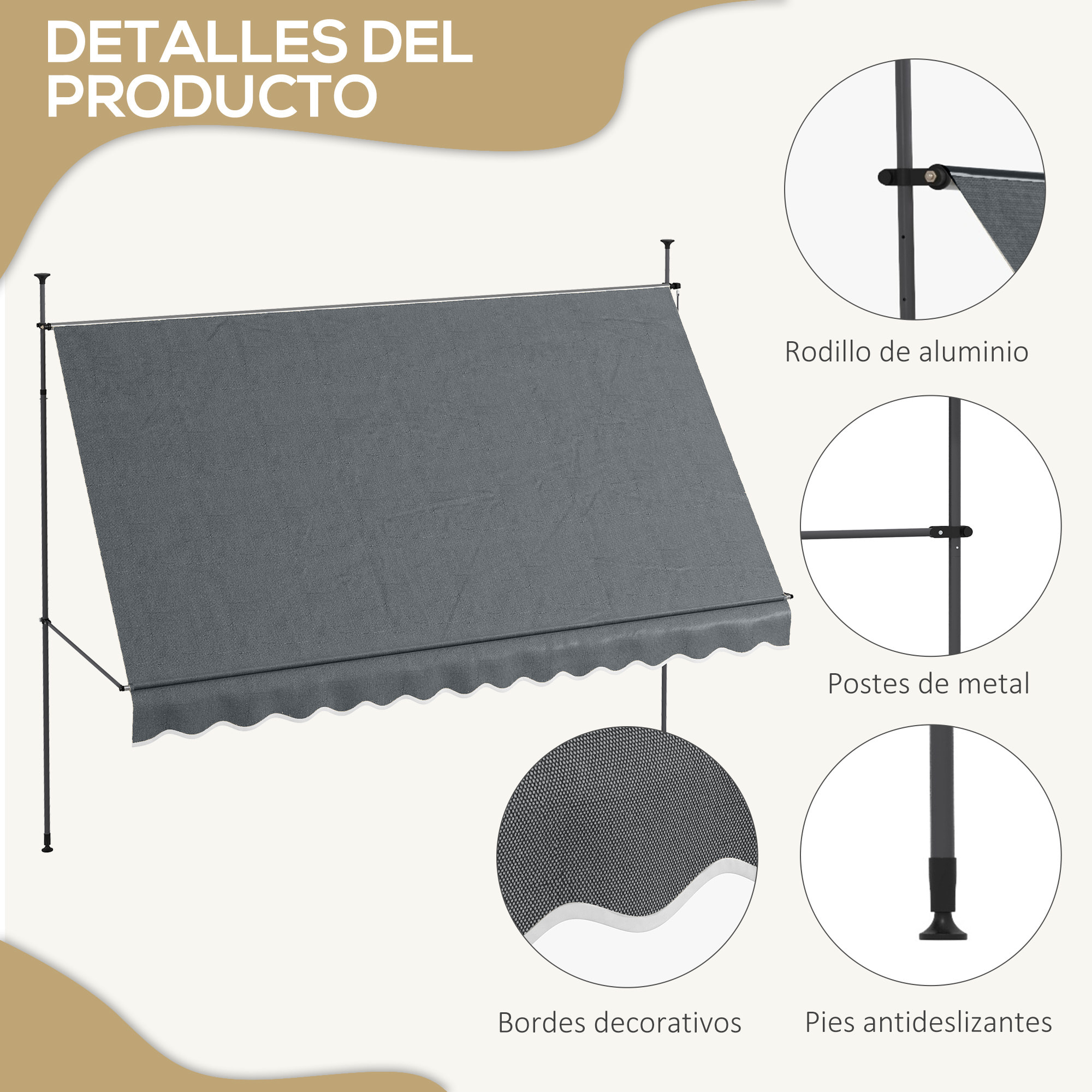 Toldo Manual Retráctil 3,5x1,2 m Toldo Exterior Terraza Enrollable Altura Ajustable con Manivela 210-300 cm Sin Taladro Protección UV30+ para Balcón Jardín Gris Oscuro