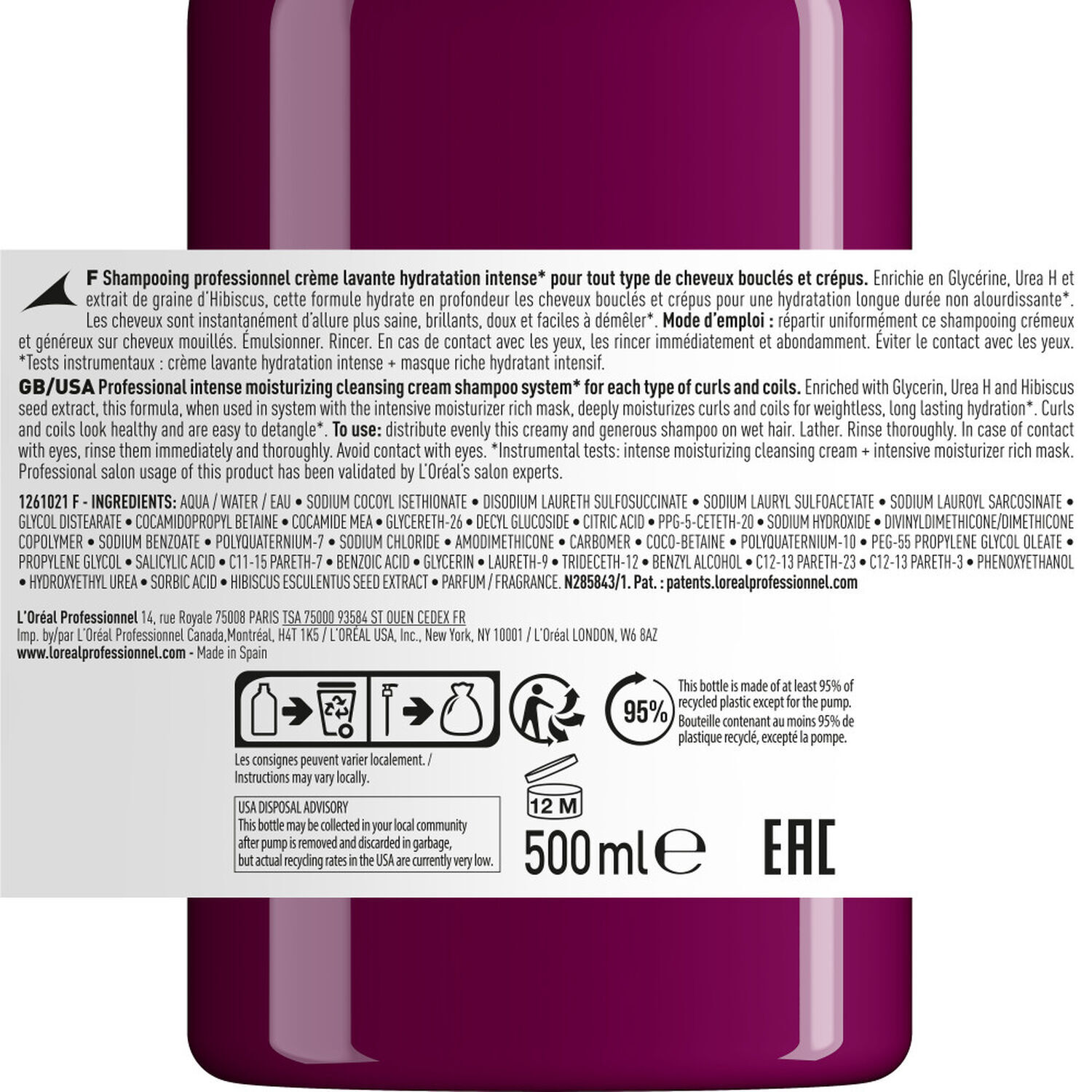 Série Expert Curl Expression - Crème Lavante Hydratation Intense pour cheveux ondulés, bouclés et frisés. 500 ml