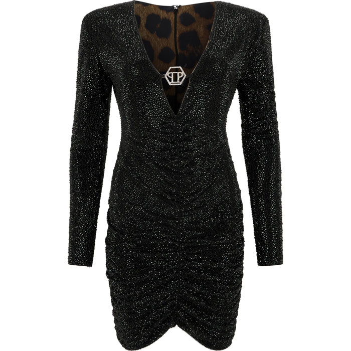 PHILIPP PLEIN Long Sleeve Mini Dress All-Over Strass