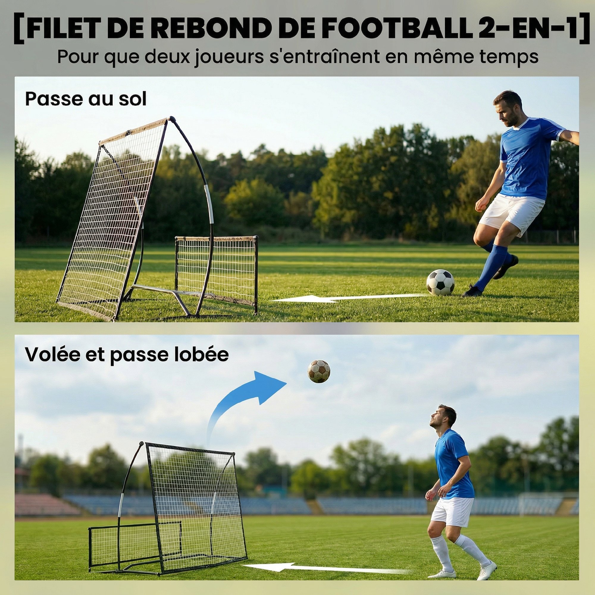 Filet de rebond football double face avec sac métal noir