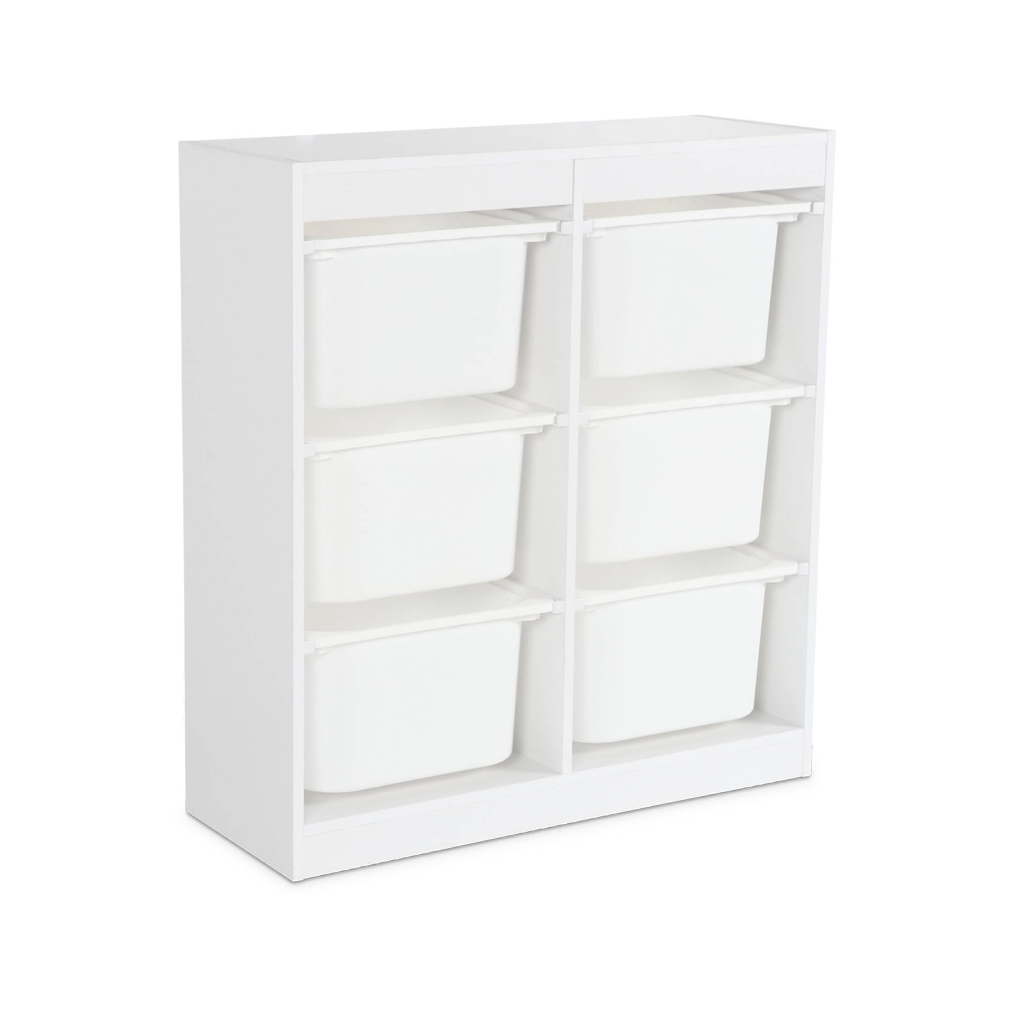 Meuble de rangement enfant. blanc. 6 bacs de rangement en plastique