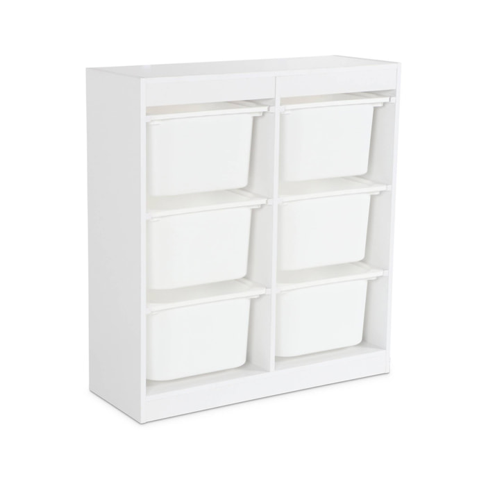 Meuble de rangement enfant. blanc. 6 bacs de rangement en plastique