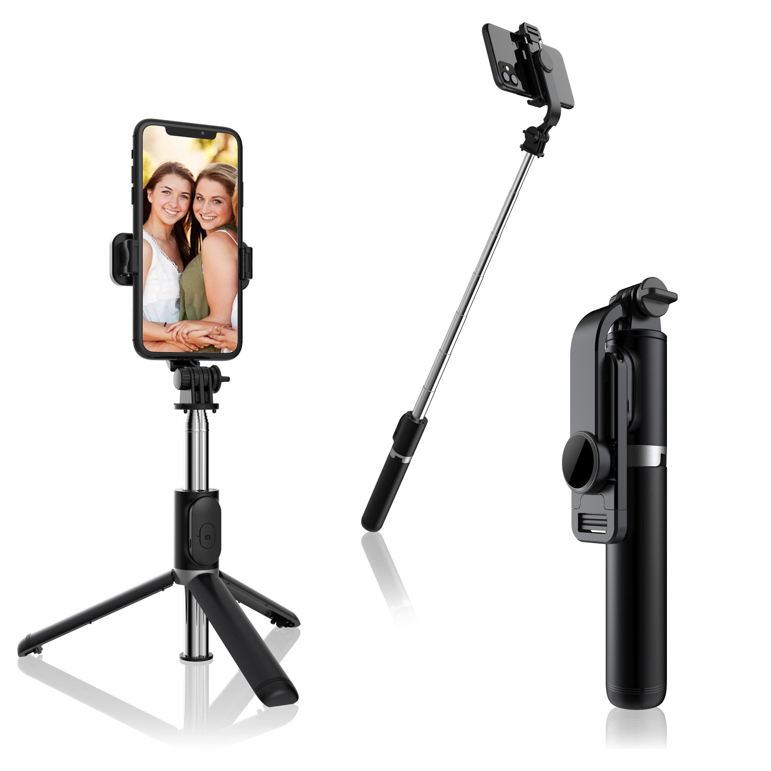 Palo selfie stick con trípode extensible y disparador remoto Bluetooth.