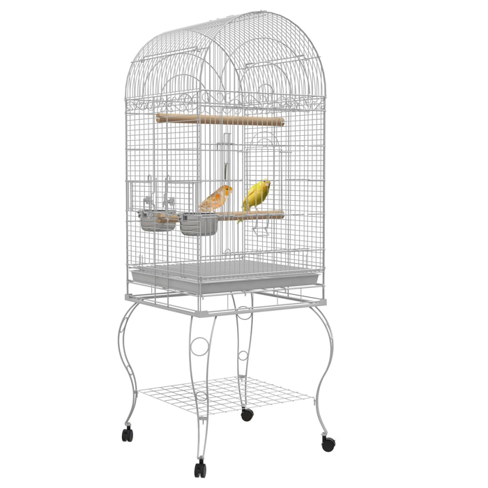 Cage à oiseaux volière sur roulettes - étagère, grille, plateau amovible, 2 bols acier inox, perchoir - acier blanc