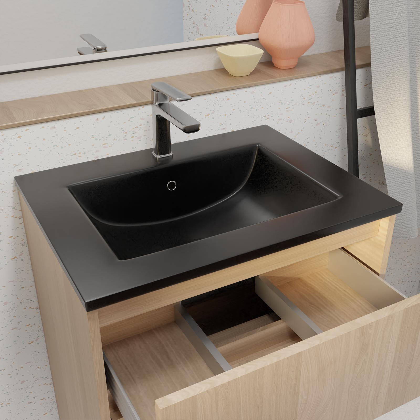 Pack Meuble Salle de Bains 60cm Chêne Clair 3 tiroirs avec Vasque Céramique Noire - XENOS