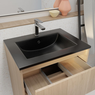 Pack Meuble Salle de Bains 60cm Chêne Clair 3 tiroirs avec Vasque Céramique Noire - XENOS