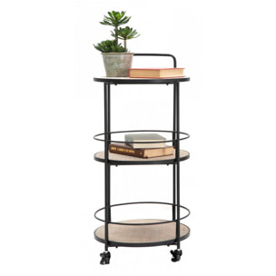 Carrello rotondo in metallo e legno, con 3 ripiani e pratiche rotelle, colore nero, Misure 41,5 x 82 x 40 cm