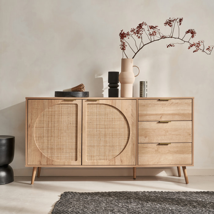 Buffet décor bois et cannage arrondi 2 portes 3 tiroirs 150cm EVA