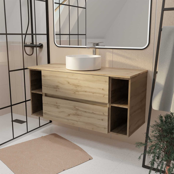 Meuble de salle de bains 120 cm TIMBER - Décor Chêne, 2 tiroirs, Vasque blanche à poser