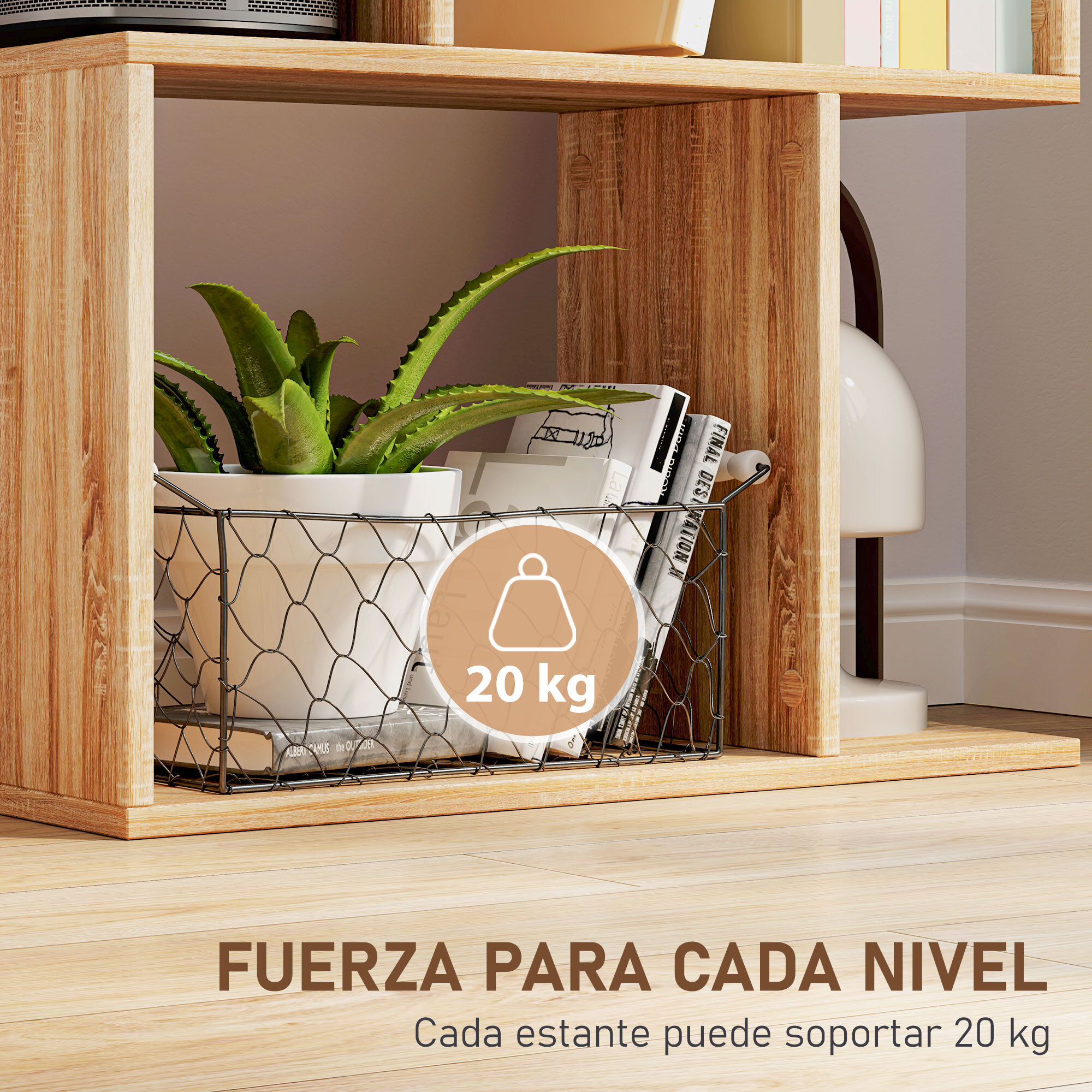 Librería de 5 Niveles, Estantería para Libros en Forma de S con 10 Estantes, para Sala de Estar, Dormitorio, Estudio, Oficina, 60x24x184,5 cm, Natural