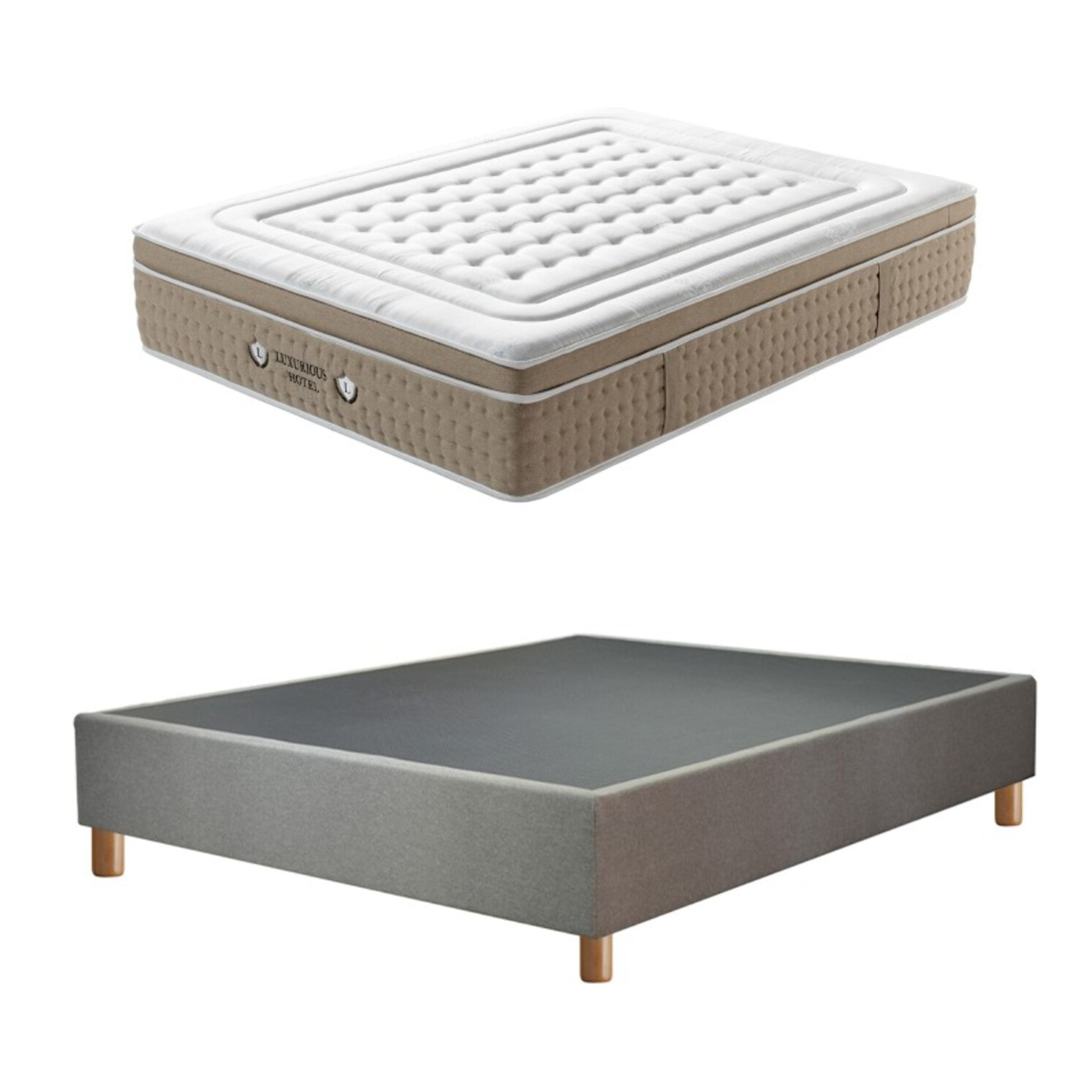 Ensemble Matelas Ibiza ressorts et mémoire de forme avec son sommier Cancun en tissu gris clair