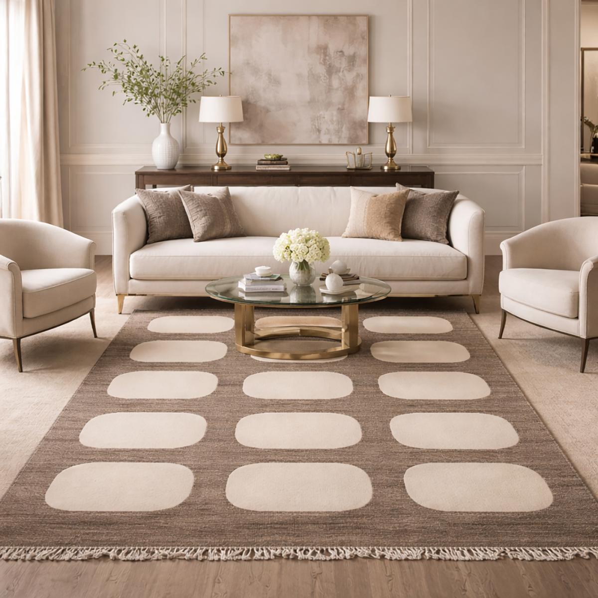 Tapis kilim Reversible Meco tissé à la main en laine beige et marron Motif simple