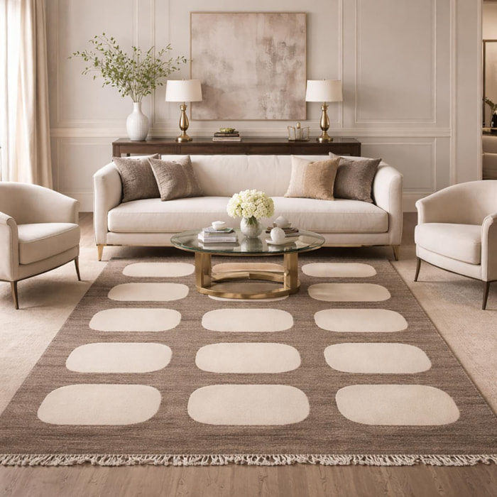 Tapis kilim Reversible Meco tissé à la main en laine beige et marron Motif simple