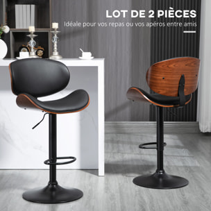 Lot de 2 tabourets de bar design contemporain hauteur d'assise réglable 62-82 cm pivotant 360° bois revêtement synthétique noir