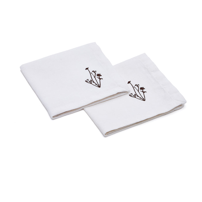 Set Mada de 2 servilletas de lino y algodón blanco con bordado de flores marrón