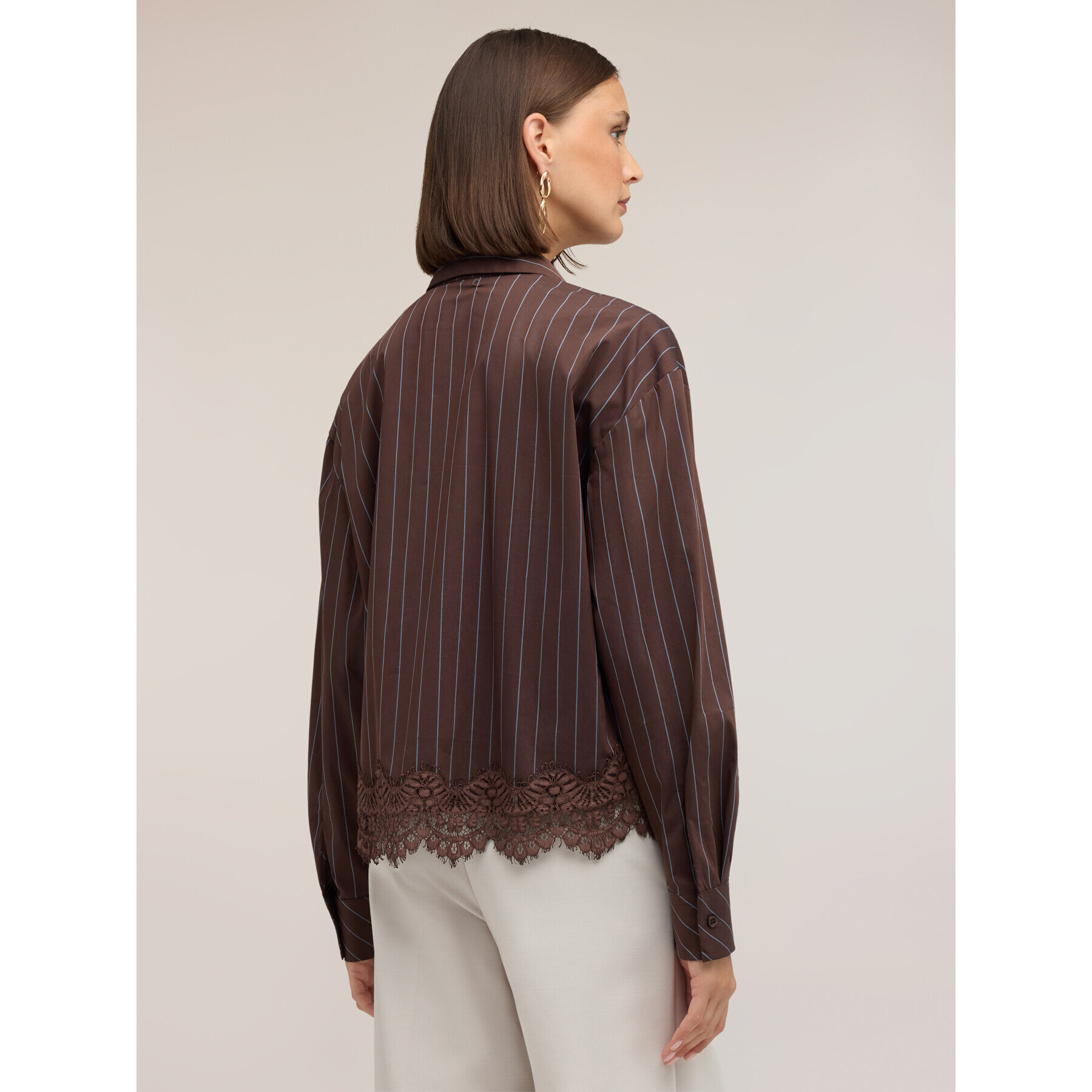 Motivi - Camicia in popeline a righe con pizzo - Marrone