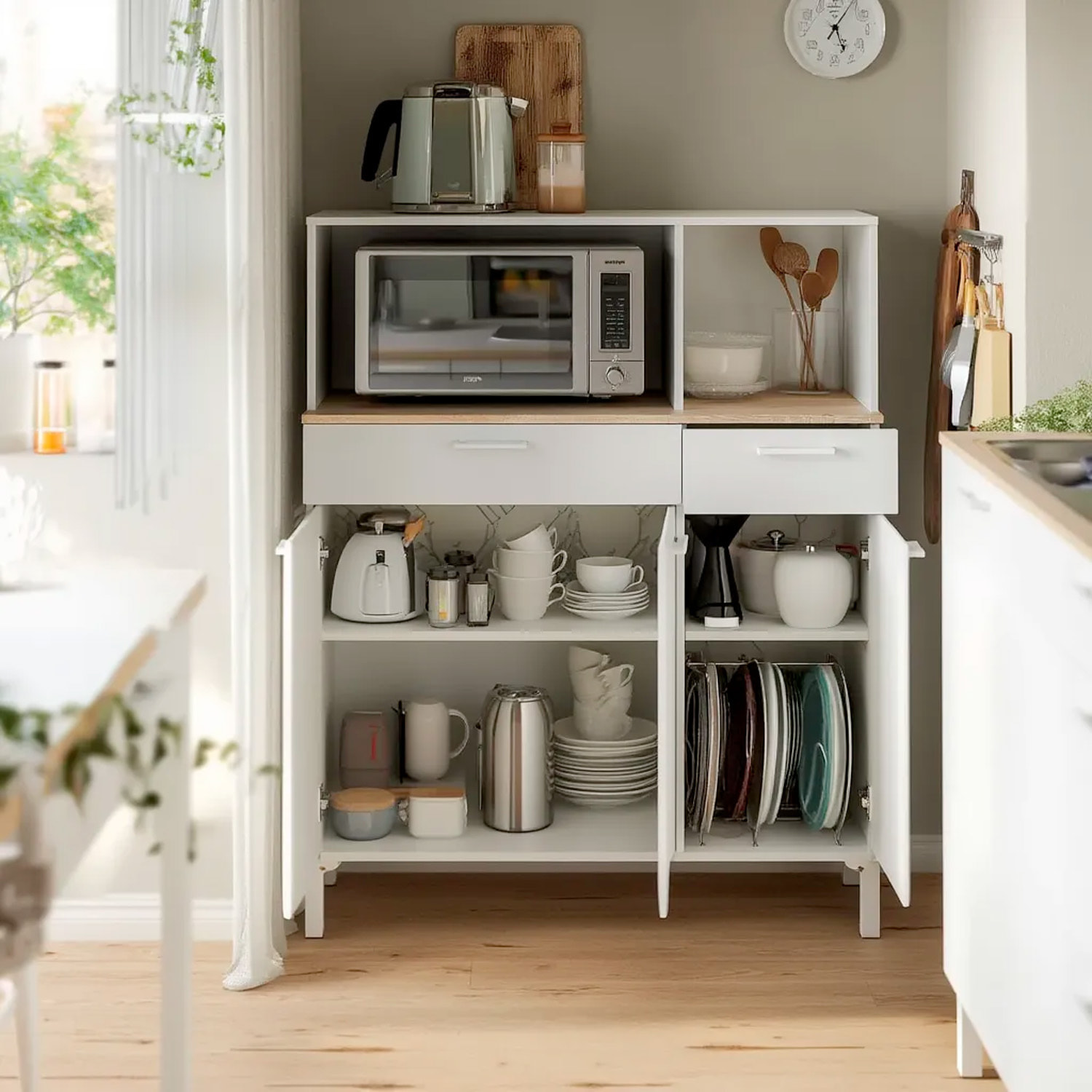 Mobile Da Cucina Credenza Con 3 Ante 1 Cassetto Madia Moderna Mobile Contenitore Con Vani A Giorno Mobiletto Dispensa 108x40x126 Cm Bianco E Rovere