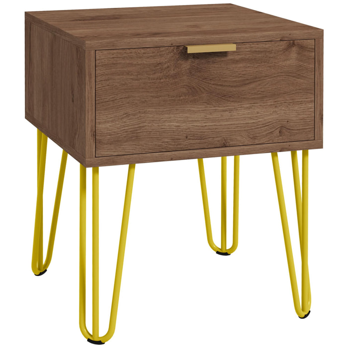 Table de chevet table de nuit avec tiroir table d'appoint - pieds en épingle à cheveux acier doré - dim. 39,5L x 41l x 49H cm marron