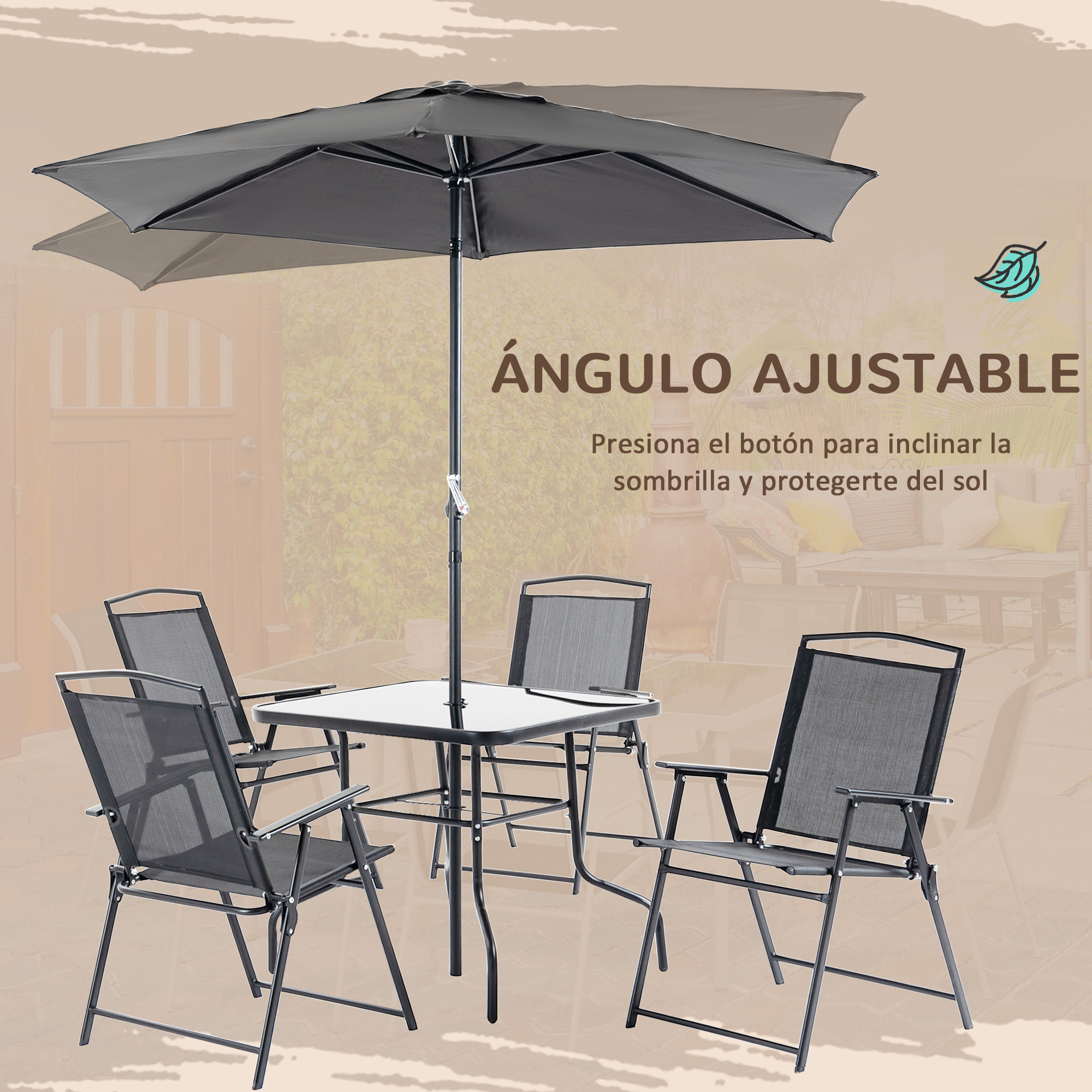 Outsunny Conjunto Muebles Jardín con 4 Sillas Plegables Mesa y Sombrilla Negro