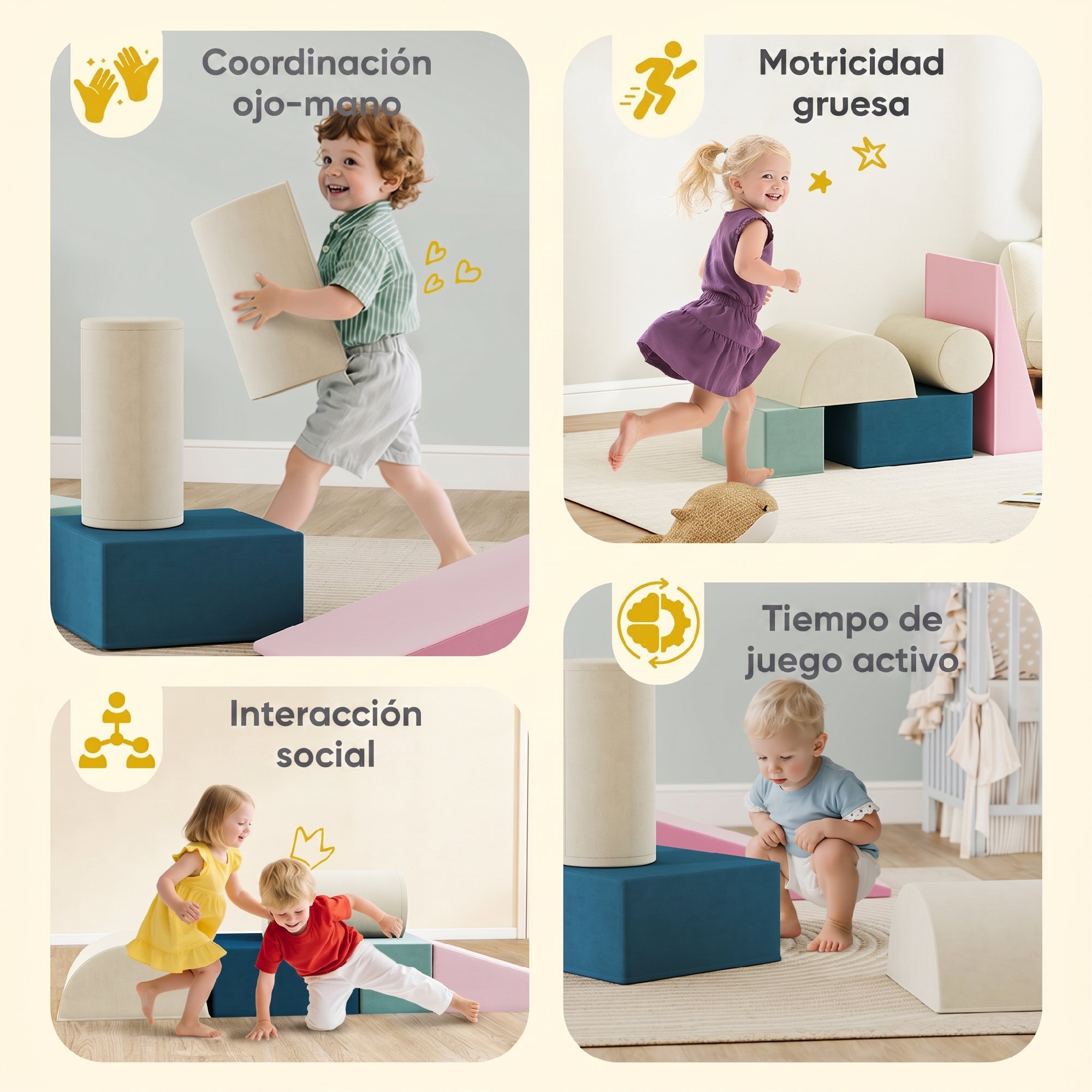 Juego de 5 Bloques de Espuma para Niños, Bloques de Psicomotricidad Infantil con Base Antideslizante, Funda Extraíble, Set de Escalada Suave Interior para Escalar y Gatear, 6 Meses-3 Años