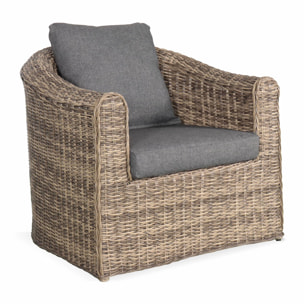 Salon de jardin en résine tressée arrondie 4 places - Valentino Naturel - Coussins anthracite. canapé fauteuils table basse