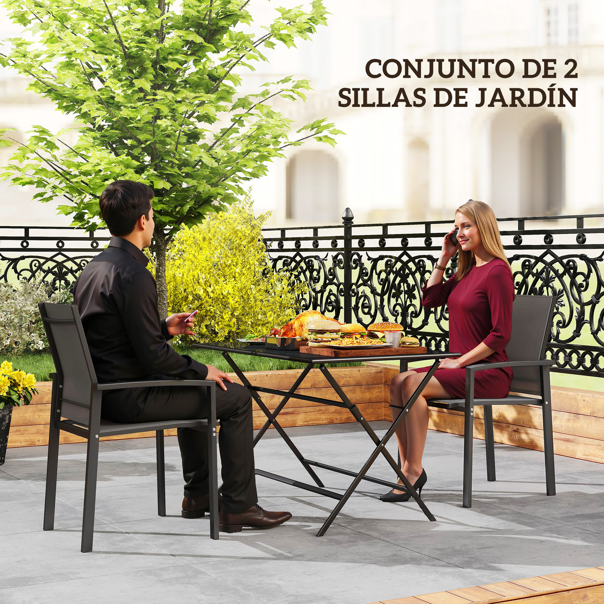 Juego de 2 Sillas de Jardín Exterior Sillas Terraza Exterior Apilables Sillones de Comedor con Tela Transpirable Marco de Acero Reposabrazos y Respaldo 56x58x89 cm Gris Oscuro
