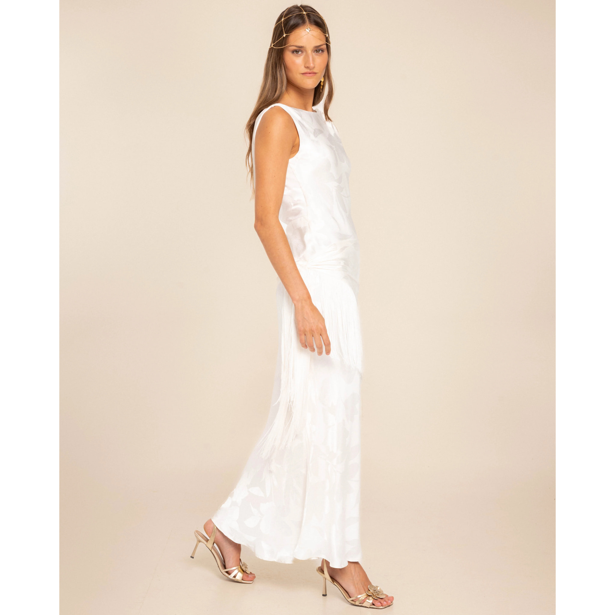 Vestido largo con escote drapeado en espalda