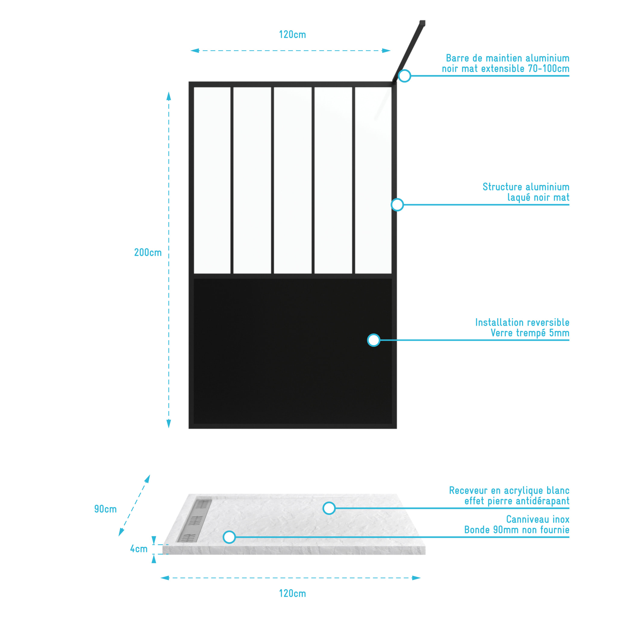 Pack Paroi de douche 120x200 cm noir mat + Receveur extra plat à poser blanc - caniveau