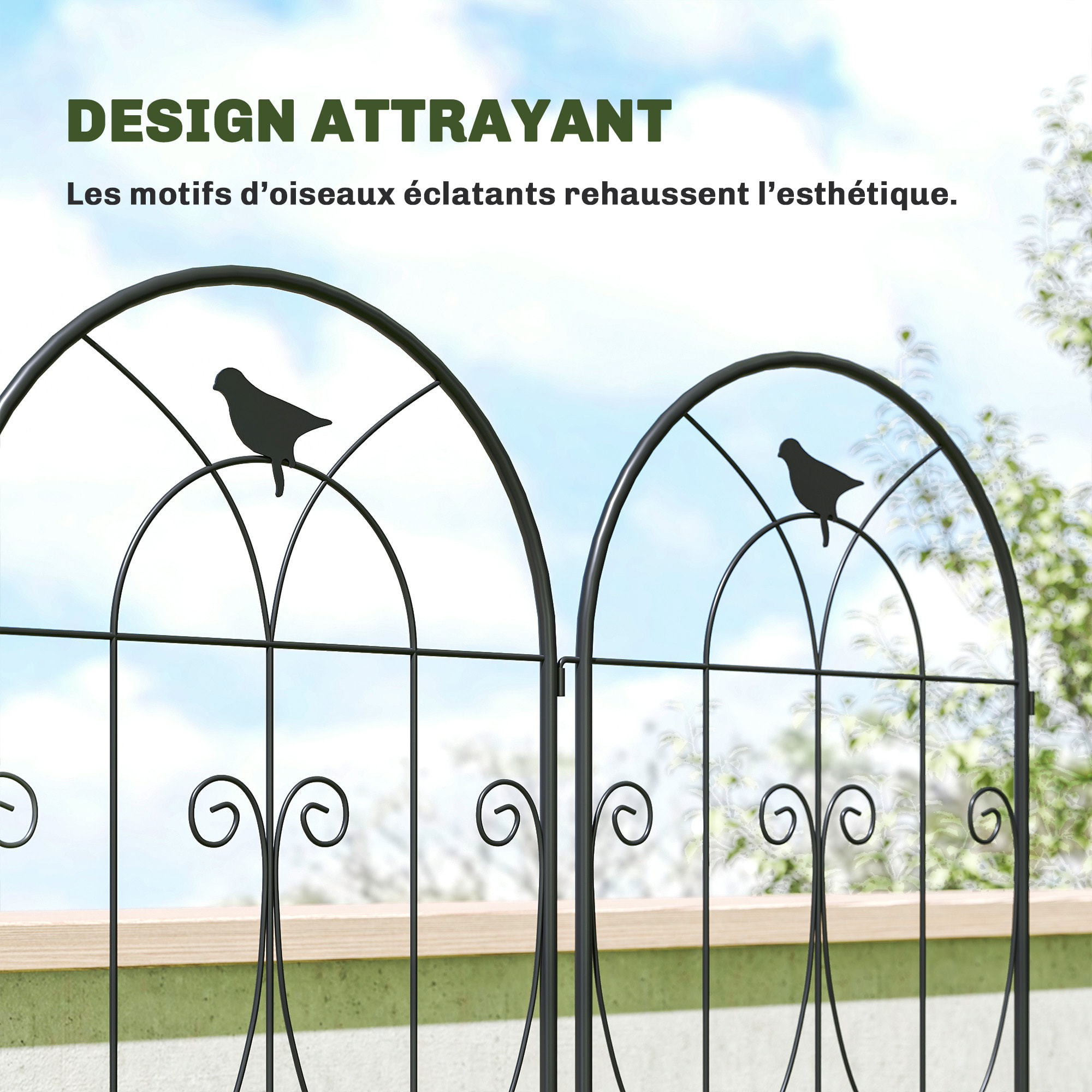 Treillis de jardin effet fer forgé oiseau - 2 supports plantes grimpantes - 50 x 220 cm - métal époxy noir
