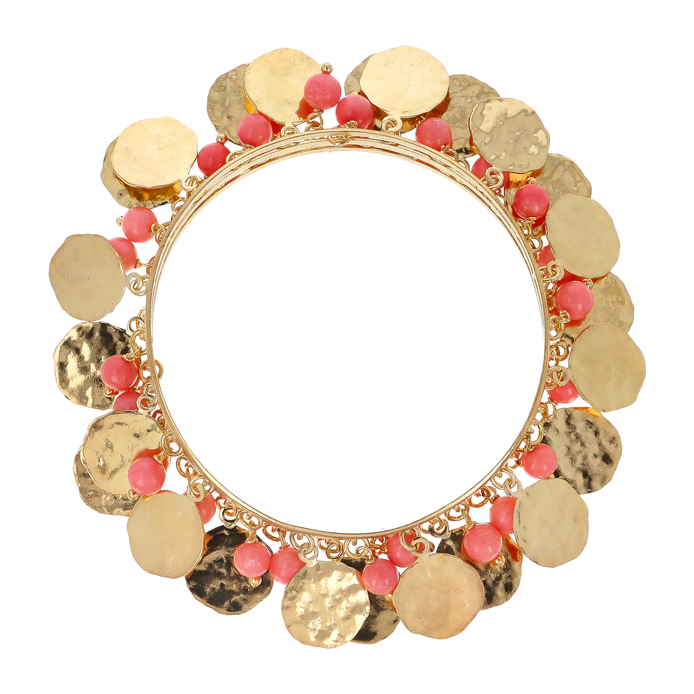 Bracciale Rigido Triplo placcato Oro Giallo 18Kt con Ciondoli Martellati e Sfere in Corallo Bambù Rosa