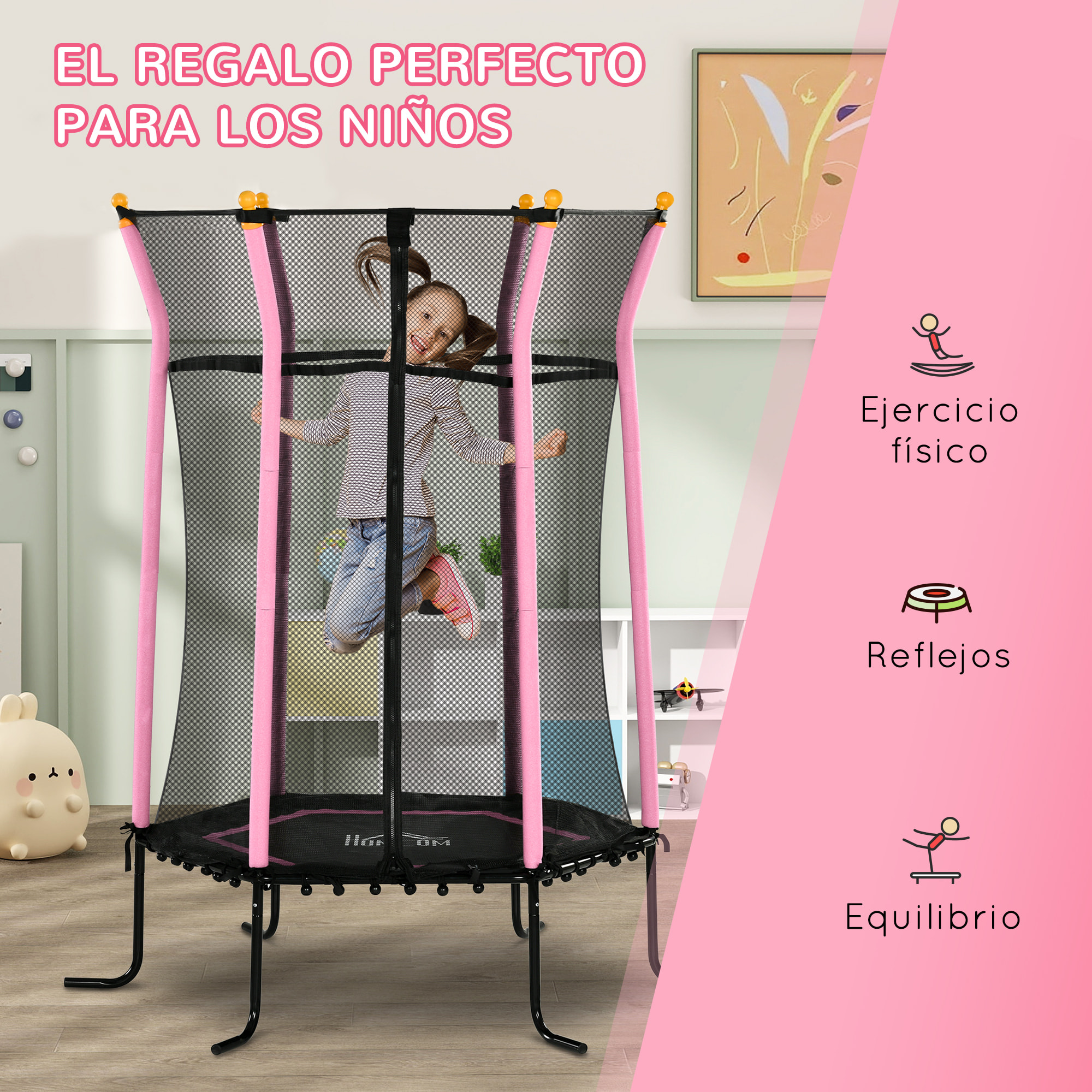 Cama Elástica Infantil de Jardín Ø163,5x190 cm Trampolín para Niños de +3 Años con Red de Seguridad y Marco de Acero para Interior Exterior Carga 50 kg Negro y Rosa