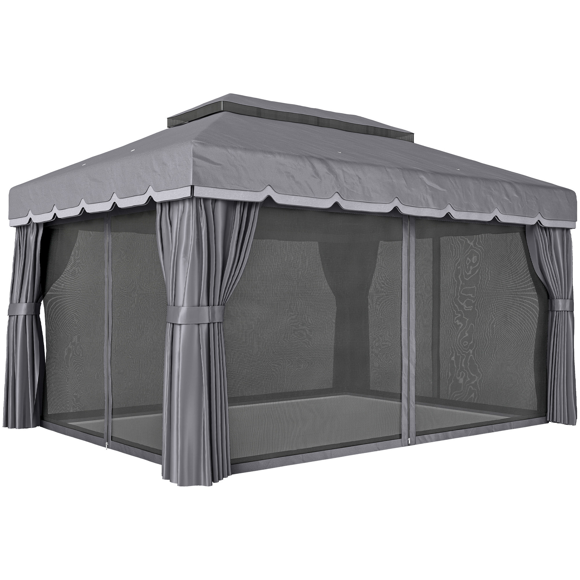 de Jardín 4x3 m, Pabellón de Jardín Gazebo con Doble Techo, 4 Cortinas y Mosquitera, Marco de Aluminio, Orificios de Drenaje, UPF50+, Carpa para Exterior, Terraza, Patio, Gris Oscuro