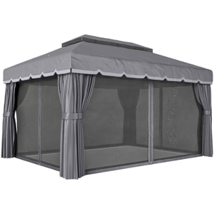 de Jardín 4x3 m, Pabellón de Jardín Gazebo con Doble Techo, 4 Cortinas y Mosquitera, Marco de Aluminio, Orificios de Drenaje, UPF50+, Carpa para Exterior, Terraza, Patio, Gris Oscuro