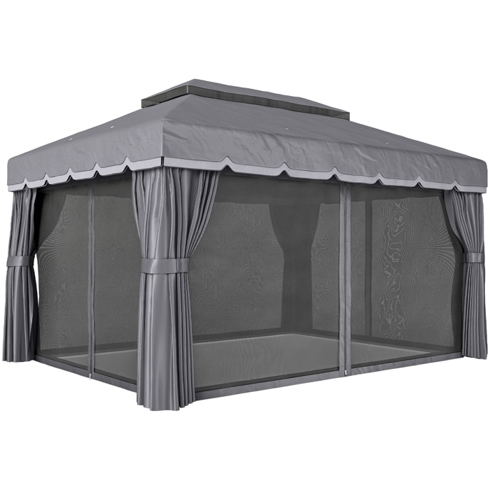 de Jardín 4x3 m, Pabellón de Jardín Gazebo con Doble Techo, 4 Cortinas y Mosquitera, Marco de Aluminio, Orificios de Drenaje, UPF50+, Carpa para Exterior, Terraza, Patio, Gris Oscuro