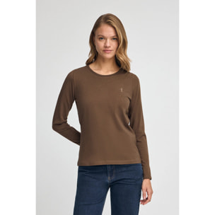 Maglietta marrone scuro a maniche lunghe a girocollo con logo Rigby Go Gold