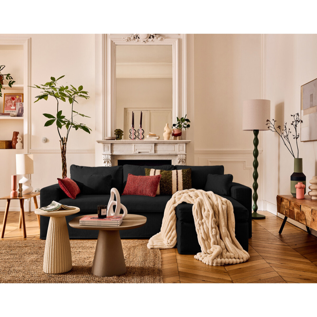 Housses en velours pour canapé Calgary d'angle 3 places + 1 pouf - Noir