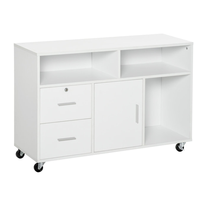 HOMCOM Mueble Auxiliar de Oficina Mueble Archivador con Ruedas Estantes y Cajones Armario Multiusos con Gran Almacenaje 100x35x65 cm Blanco