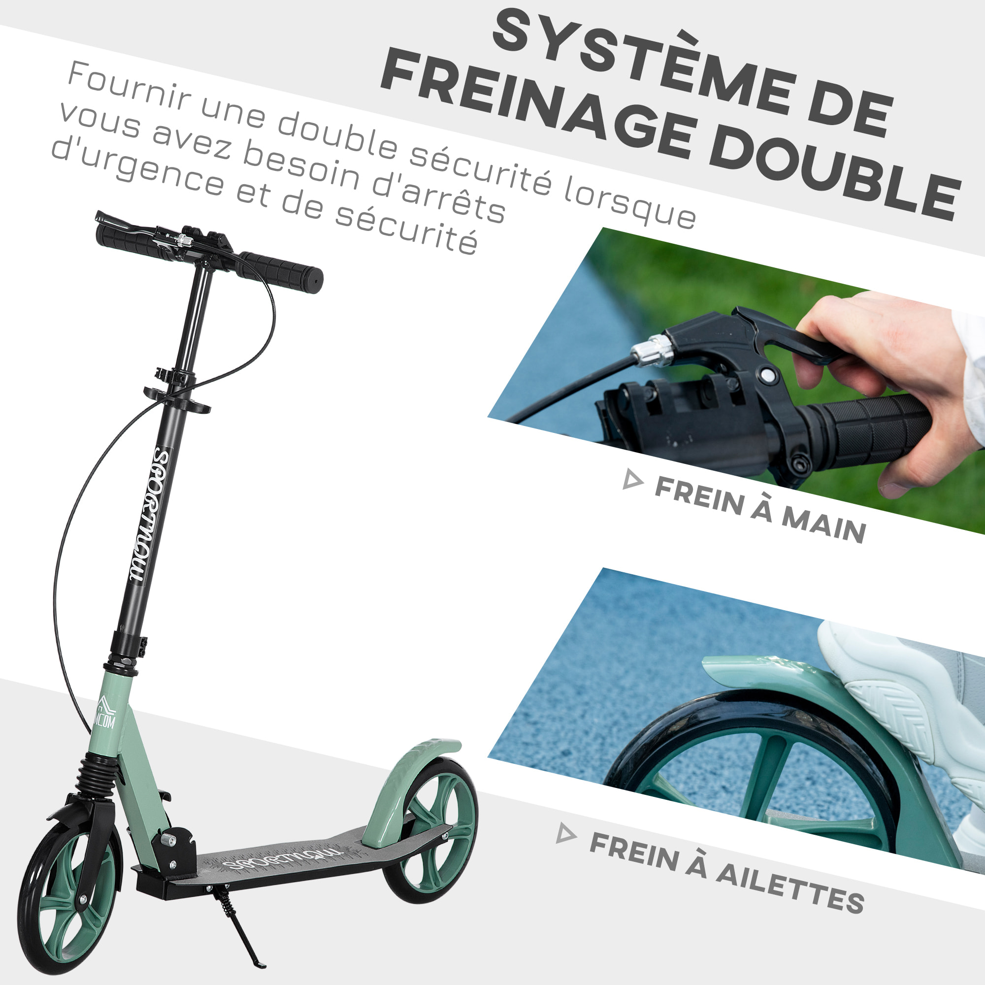 Trottinette pliable adulte béquille double frein amortisseur hauteur guidon réglable roulement PU abec-9 alu. métal vert noir
