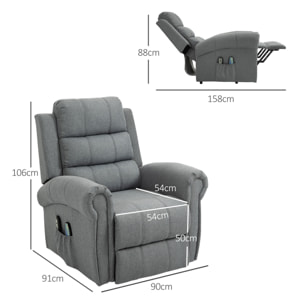 Sillón Relax Reclinable Eléctrico Levanta Personas, con Masaje Vibratorio y Calor, Sillón Elevador, con Control Remoto, Reposapiés, Tapizado en Lino, Bolsillos Laterales, Gris