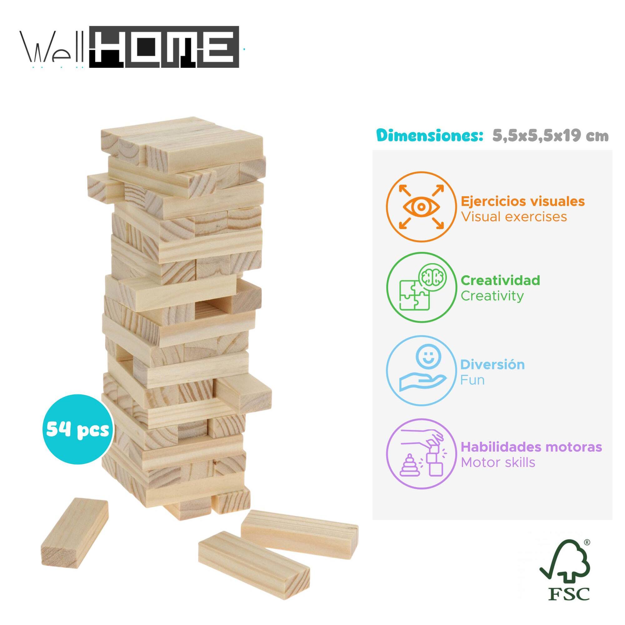 Well home - juego de torre apilable en madera con 54 piezas