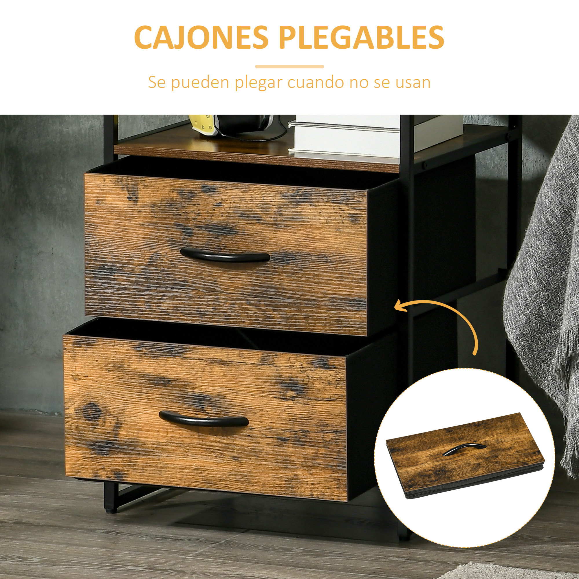 Mueble Organizador Cajonera de Tela con Cajones Plegables Estante Abierto y Marco de Acero Estilo Industrial para Salón Recibidor Dormitorio 45x40x70,5 cm Marrón Rústico