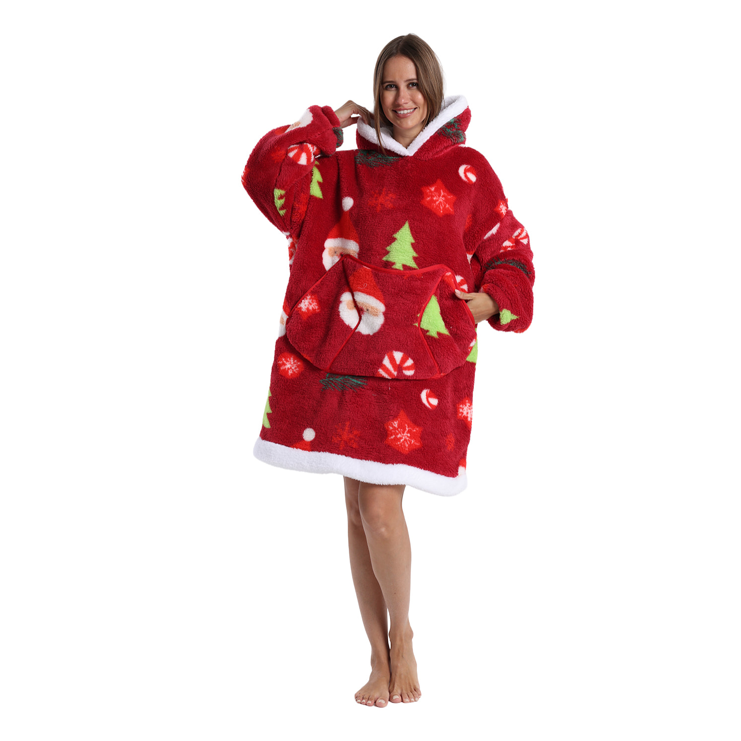 Bata estilo sudadera y manta de felpa extrasuave. Triple bolsillo frontal tipo canguro. Diseño navideño tipo corto.