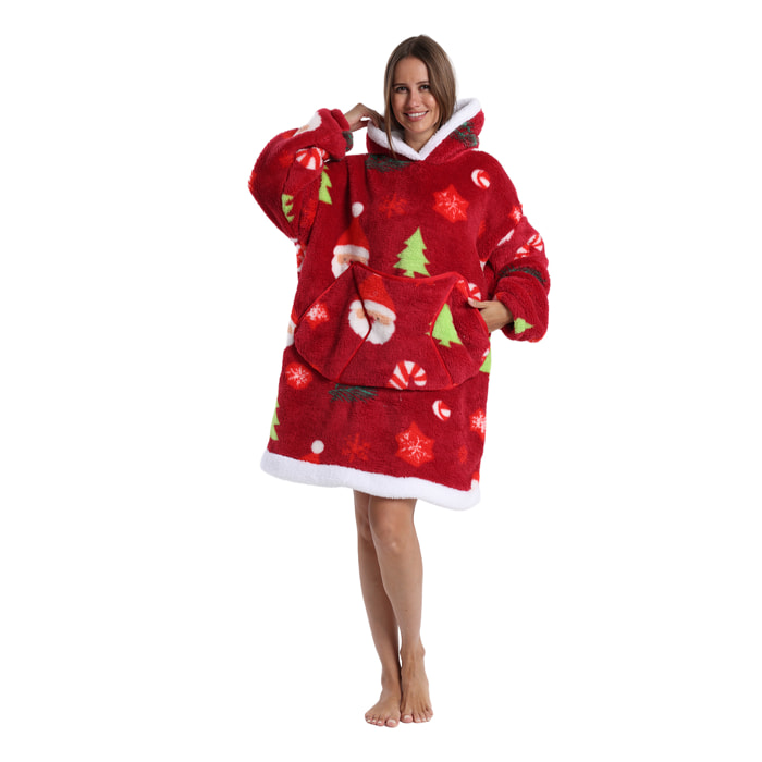 Bata estilo sudadera y manta de felpa extrasuave. Triple bolsillo frontal tipo canguro. Diseño navideño tipo corto.