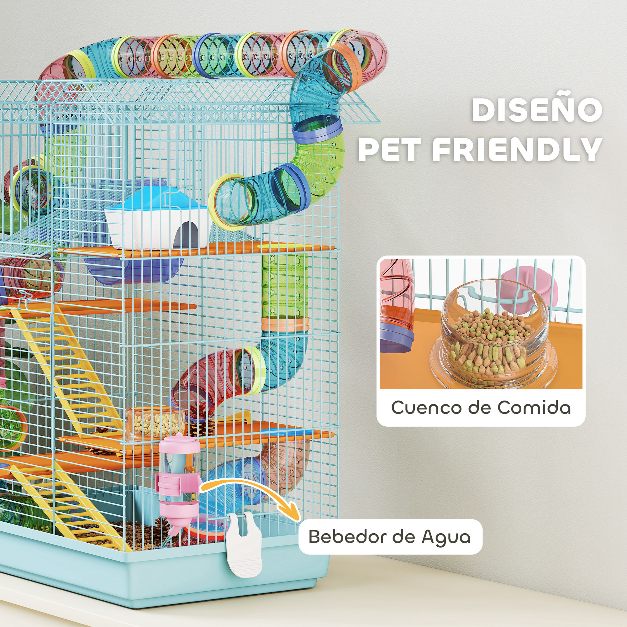 Jaula para Hámster Hábitat para Animales Pequeños de Múltiples Niveles con 4 Plataformas Cuenco de Comida Bebedero Rueda de Ejercicio Escaleras Sistema de Tubos 47x30x59 cm Azul Claro