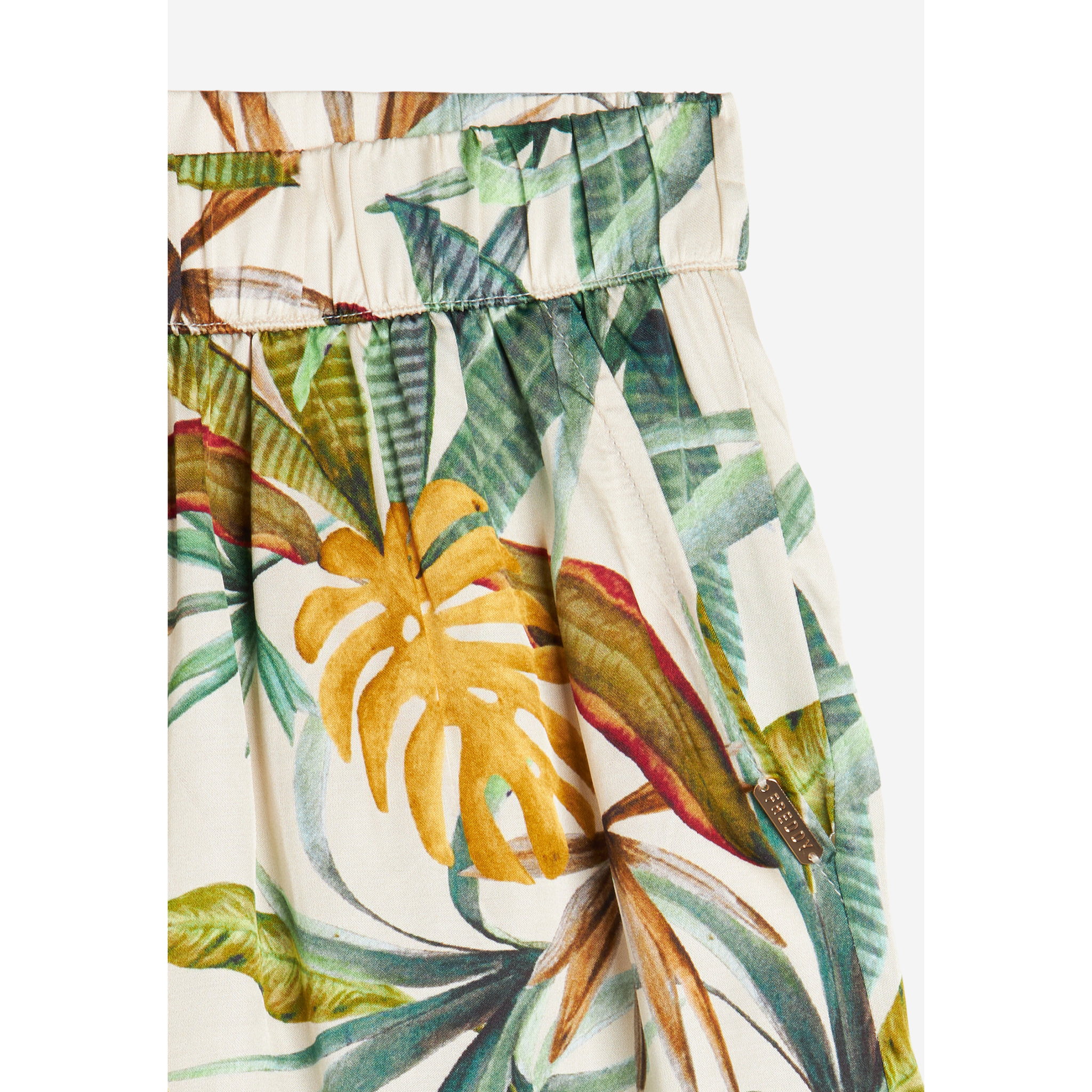 Pantaloni short donna in satin di viscosa fantasia tropical