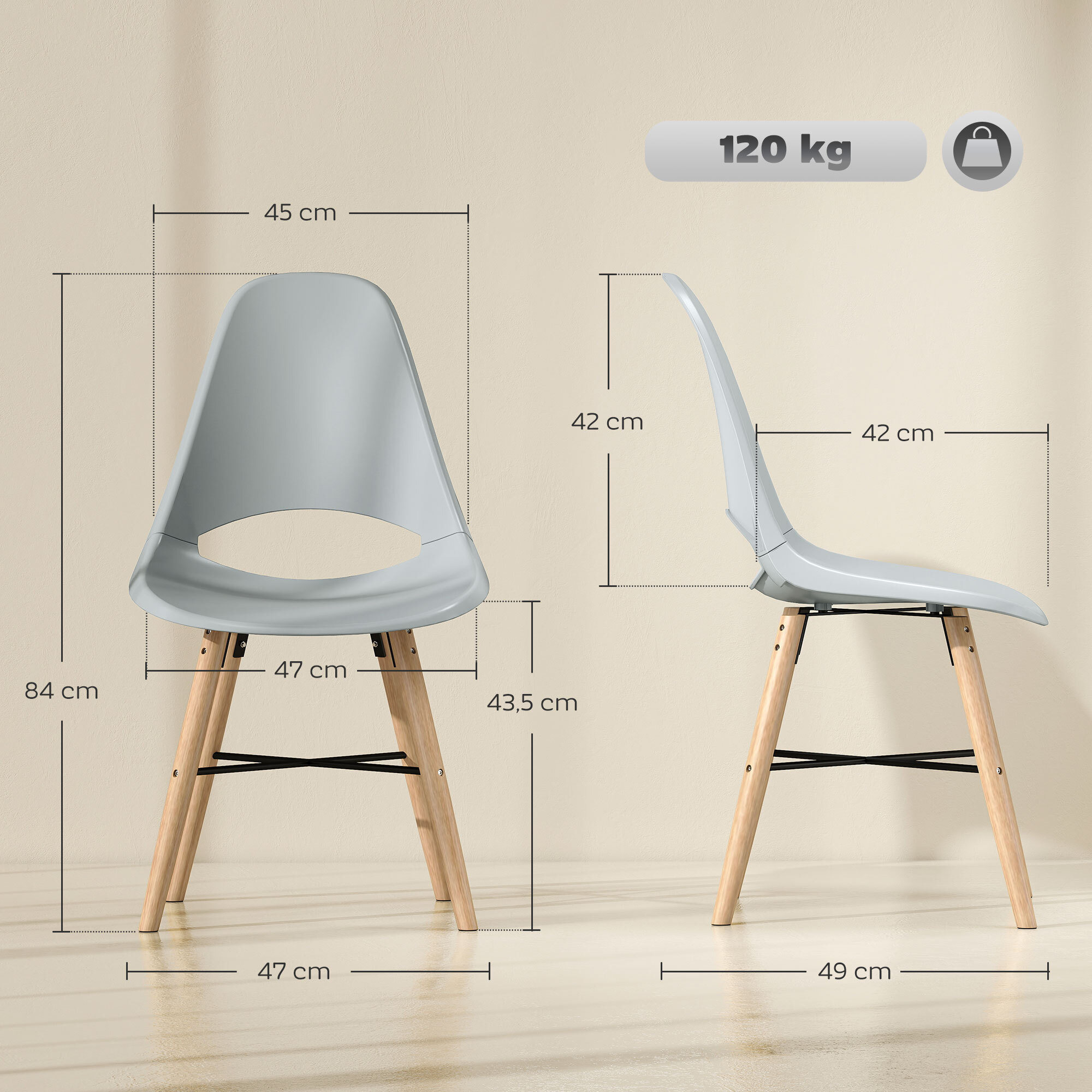 Pack de 2 Sillas de Comedor de Plástico Sillas de Cocina Modernas con Respaldo Curvado y Patas de Madera de Caucho Carga 120 kg para Sala de Estar Dormitorio Gris