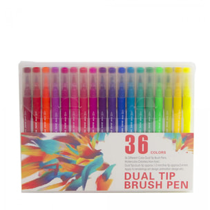 Set 36 Rotuladores color doble punta, punta fina 0,4 mms y punta pincel acuarelable profesional. Forma triángular ergonómica para lettering, caligrafía, ilustraciones…