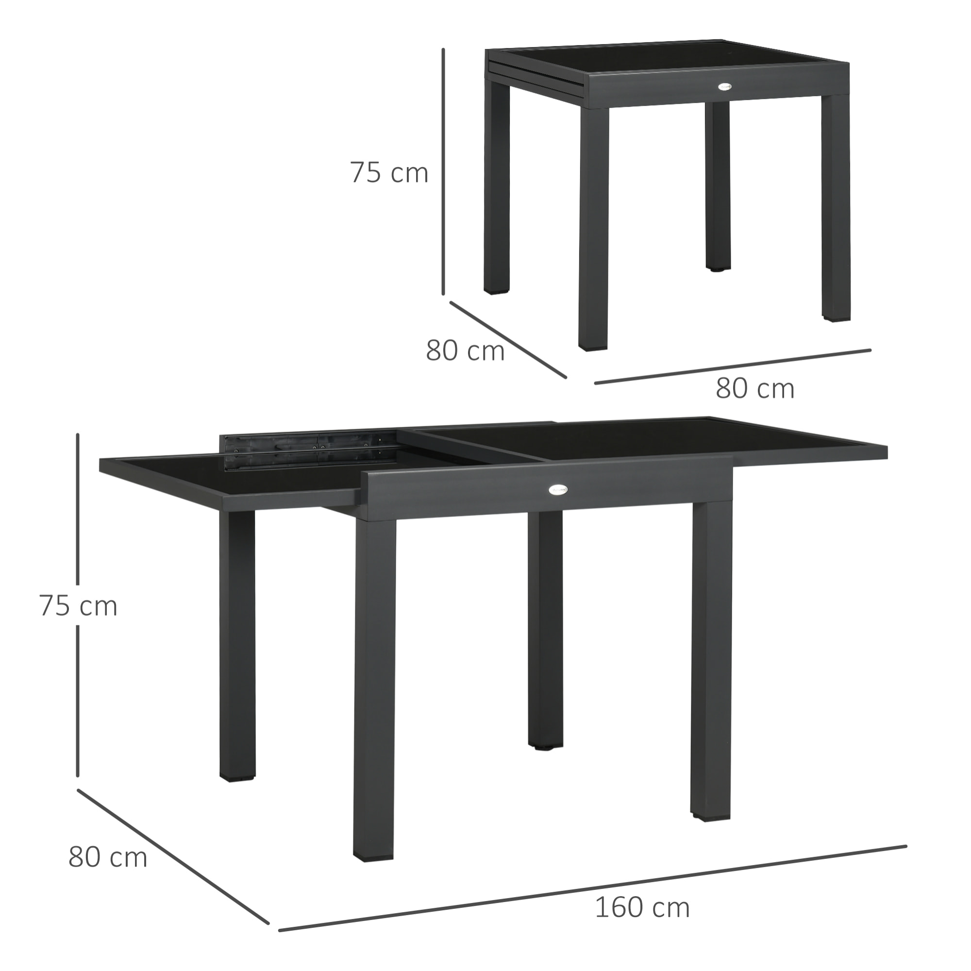 Table extensible de jardin grande taille dim. dépliées 160L x 80l x 75H cm alu métal époxy anthracite plateau verre trempé noir